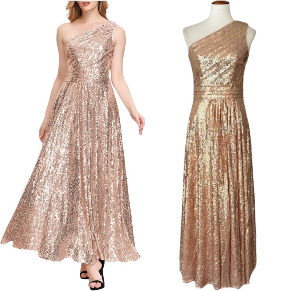 Kate Kasin Rose Gold Sequined Asymmetric Maxi Prom Dress Size US 6